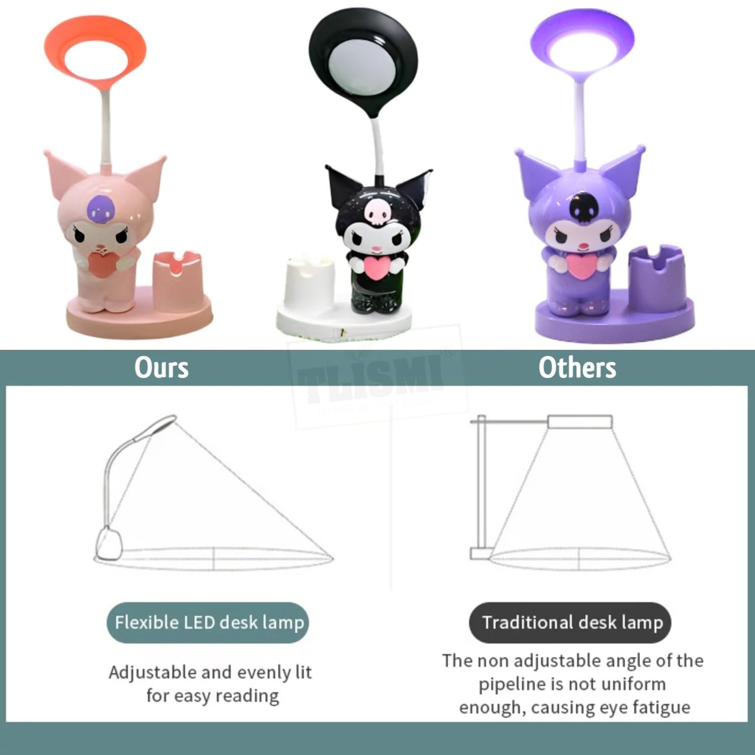 Cute Kuromi Cartoon Design Rechargeable LED Table Lamp with Pen Holder & Inbuilt Sharpener | Stylish 360° Flexible Neck Eye Protection Lighting Mini Study Desk Light for Boys and Girls